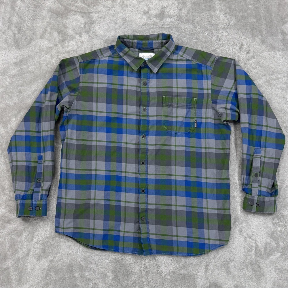 Columbia Shirt Mens XL Green Blue Gray Plaid Long Sleeve Cotton Casual Outdoor